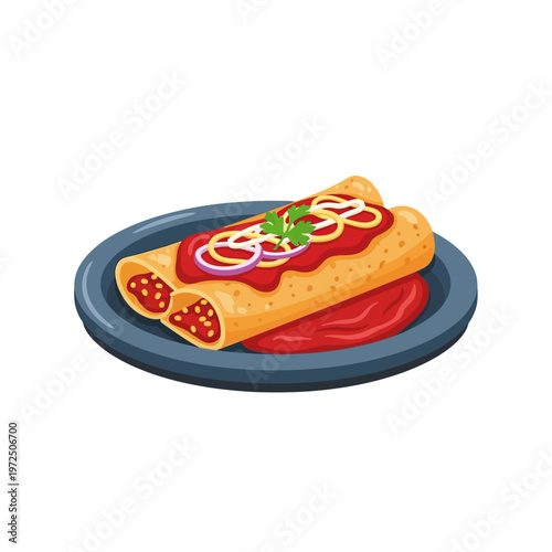 Mexican enchiladas with red sauce and onion rings