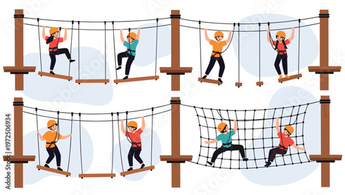 Group of diverse people wearing safety helmets and harnesses navigating an outdoor ropes course and obstacle park.