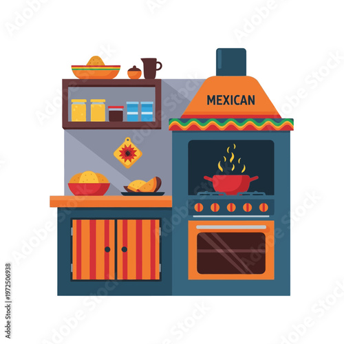 Flat vector illustration of a traditional Mexican kitchen