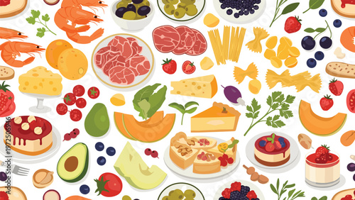 Seamless food pattern featuring a wide variety of delicious dishes, fruits, and ingredients from around the world.