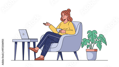 Young woman sitting in a comfortable armchair working on her laptop and enjoying a cup of coffee in her living room.