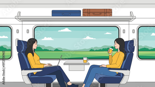 Two young women sitting across from each other in a modern train carriage while traveling through a green landscape.