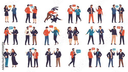 Large collection of diverse people standing in pairs and engaged in various types of social business conversations.