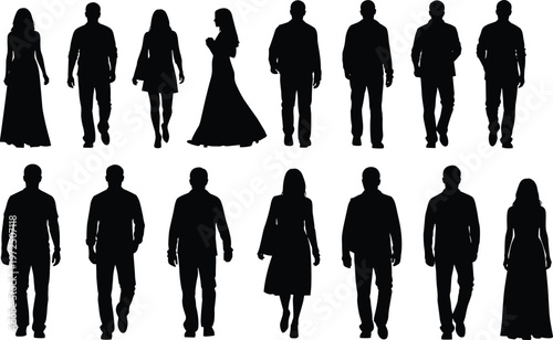 Silhouettes of diverse men and women walking forward, people group collection in various casual and formal outfits on white background. (20 words)