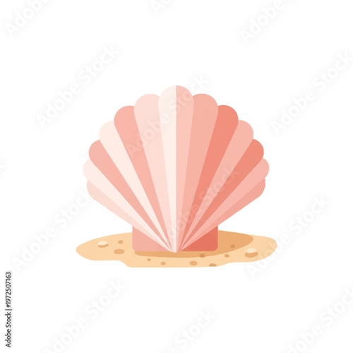 Flat design pink scallop seashell on beach sand