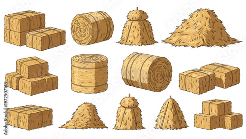 Collection of different types of hay bales and stacks used in agriculture and farming for animal feed storage.
