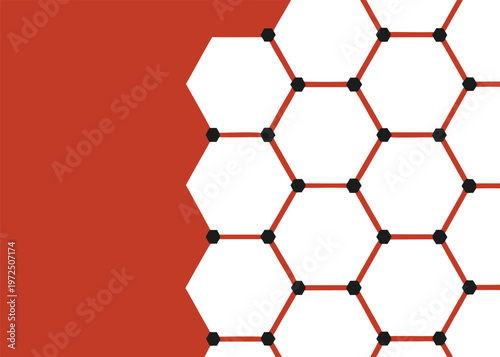 White hexagonal cells are connected by orange line segments with black vertices against a solid burnt-orange background on the left side of the frame.