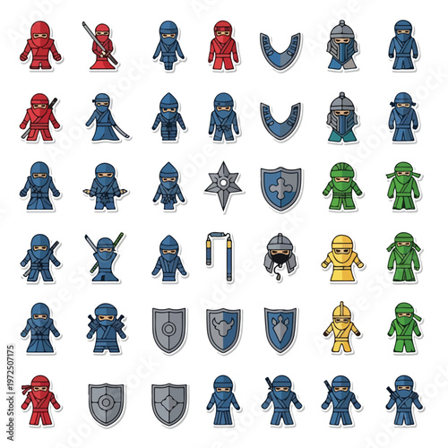 Colorful medieval game pieces and icons.