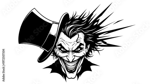 Evil Joker Face with Top Hat, Grinning Maniacal Smile, Black and White Illustration
