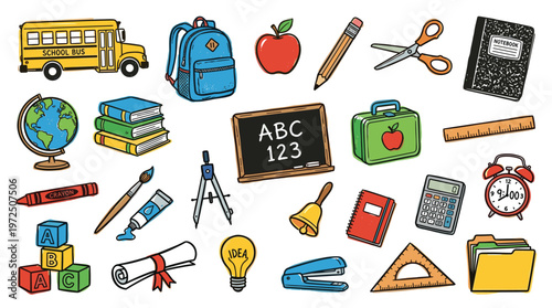 Colorful assortment of school supplies and educational items arranged for learning and creativity
