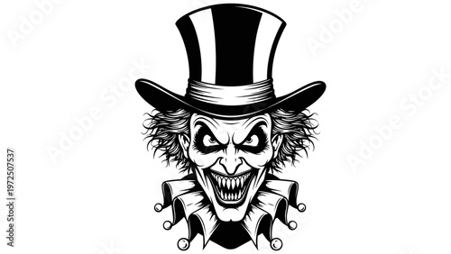 Scary Joker Clown with Top Hat, Evil Grin and Jester Collar - Black and White