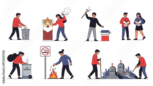 Various people taking action to stop smoking and promote healthy living by destroying cigarettes or visiting a cemetery as a warning.