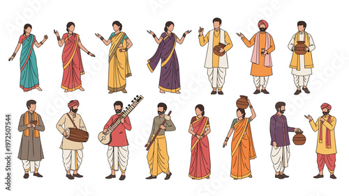Collection of diverse Indian people wearing traditional clothing like sarees and dhotis while playing musical instruments or posing.