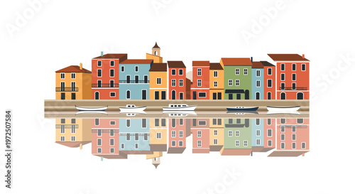 A sequence of colorful multi-story buildings stands along a waterfront with their vibrant facades perfectly reflected in the still water on a crisp white background.