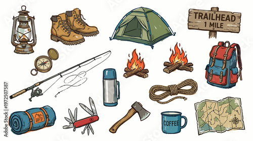 Camping and hiking gear collection for outdoor adventure and exploration including tent backpack boots lantern fishing rod and campfire essentials