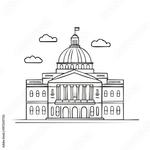 Linear illustration of a domed government building with classical columns and windows against a sky with clouds