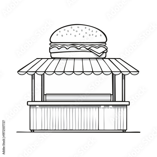 Burger stand with large hamburger sign on top illustrated in black and white line art