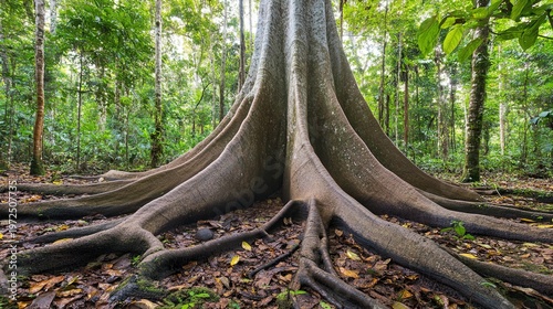 buttress. Massive tropical tree buttress roots forming a natural barrier in a green rainforest. ESG reports, sustainability campaigns, designed for sustainability communications and ESG reporting.