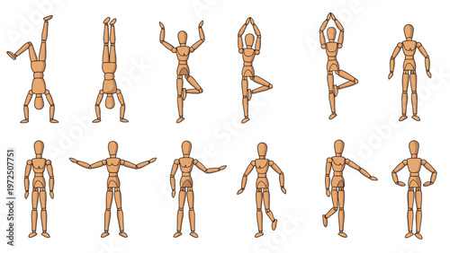 Wooden artist mannequins in various poses including yoga stretches, handstands, and basic standing positions for drawing reference.