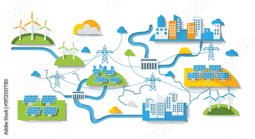 A comprehensive infographic illustration depicts a sustainable energy grid connecting wind turbines and solar panels to urban centers through a network of blue power lines.
