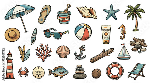 Summer beach vacation essentials collection with tropical palm tree, umbrella, sunglasses, beach ball, starfish, seashells, lighthouse, boat, and lifebuoy