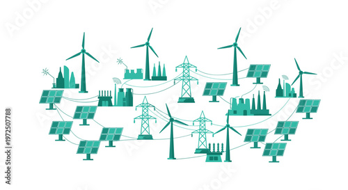 A comprehensive green monochrome infographic displays a sophisticated smart grid network connecting renewable energy sources like wind turbines and solar.