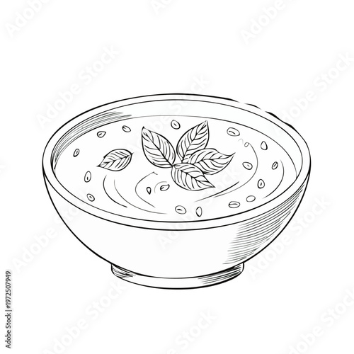 Pesto soup with basil leaves and beans in a bowl sketch drawing