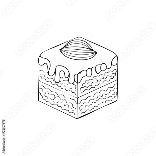 Hand Drawn Illustration of Layered Pastry with Almond and Syrup Drizzle