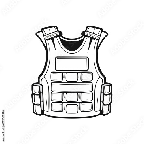 Stylized black and white outline of a tactical vest with pouches and straps