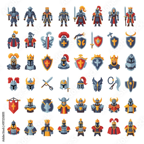 Collection of Medieval Fantasy Knight Armor Helmets Weapons and Shields.