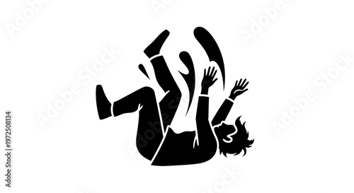 Silhouette of a Person Falling Down or Tripping Over an Obstacle, Isolated White Background