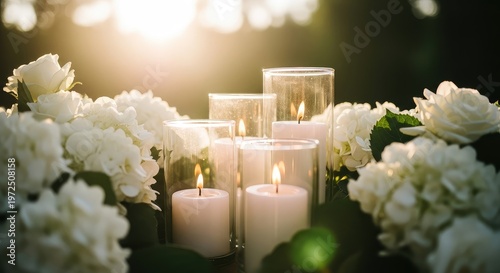 Elegant wedding table setting with candles and white floral arrangements