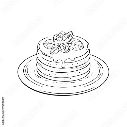 Artistic sketch of a layered cake decorated with rose flowers and leaves on a plate