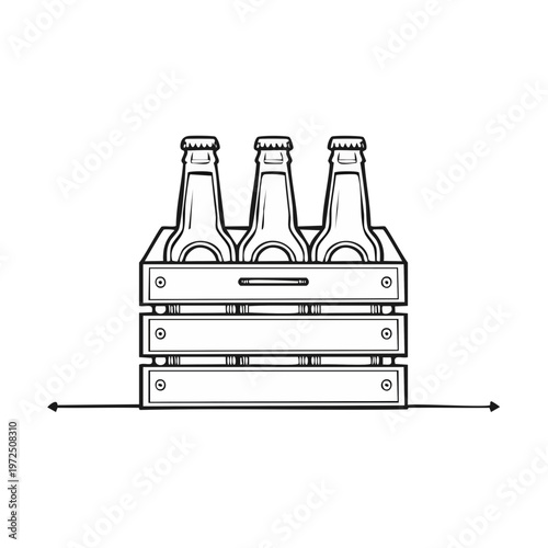 Three Glass Bottles of Beverage in Wooden Crate Isolated Outline Vector Illustration