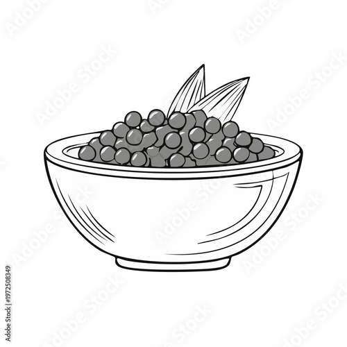 Detailed illustration of a white bowl filled with dark caviar and garnished with two leaves.