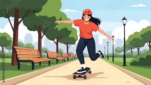 Energetic young woman wearing a helmet and safety gear while skateboarding down a path in a beautiful city park on a sunny day.