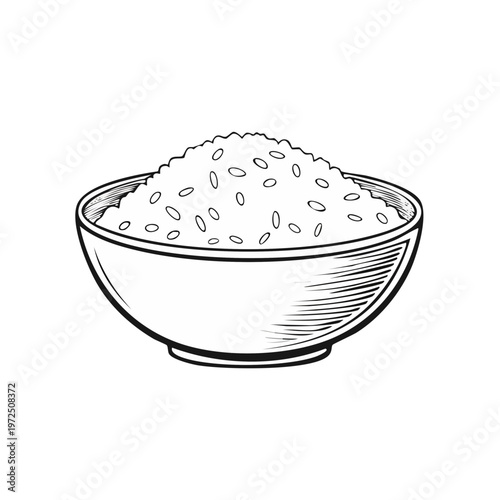 Simple black and white drawing of a bowl filled with uncooked rice grains
