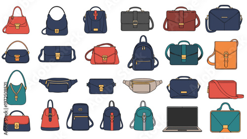 Large assortment of stylish women handbags and backpacks in various colors like red, blue, and orange for different occasions and styles.
