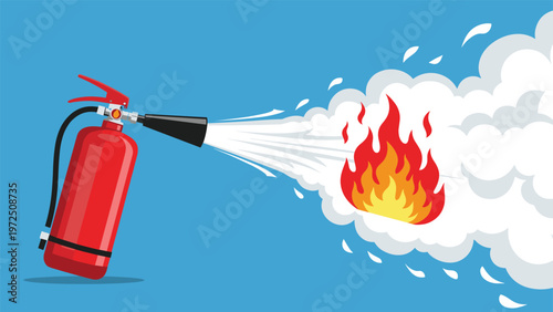 Red fire extinguisher spraying white foam to put out a bright orange fire flame against a blue background for safety training.