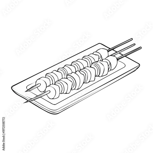 Sketch of grilled meat skewers served on a rectangular plate with a minimalist style.