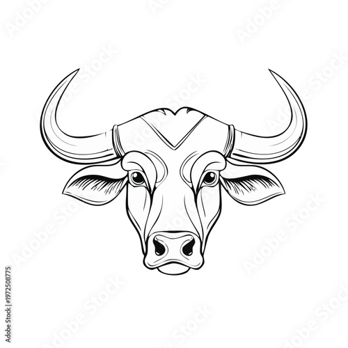 Stylized Outline Drawing of a Fierce Bull Head with Large Curved Horns