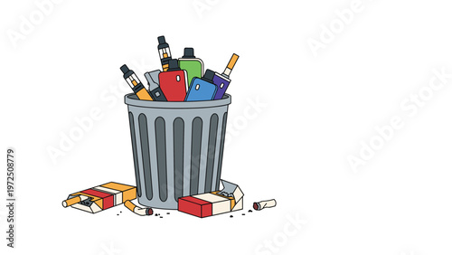 Metal trash bin filled with discarded electronic cigarettes, vapes, and cigarette boxes to encourage quitting smoking and healthy living.