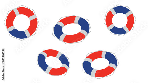 Group of lifebuoys or life rings in red, white, and blue colors floating randomly for maritime safety and rescue themes.