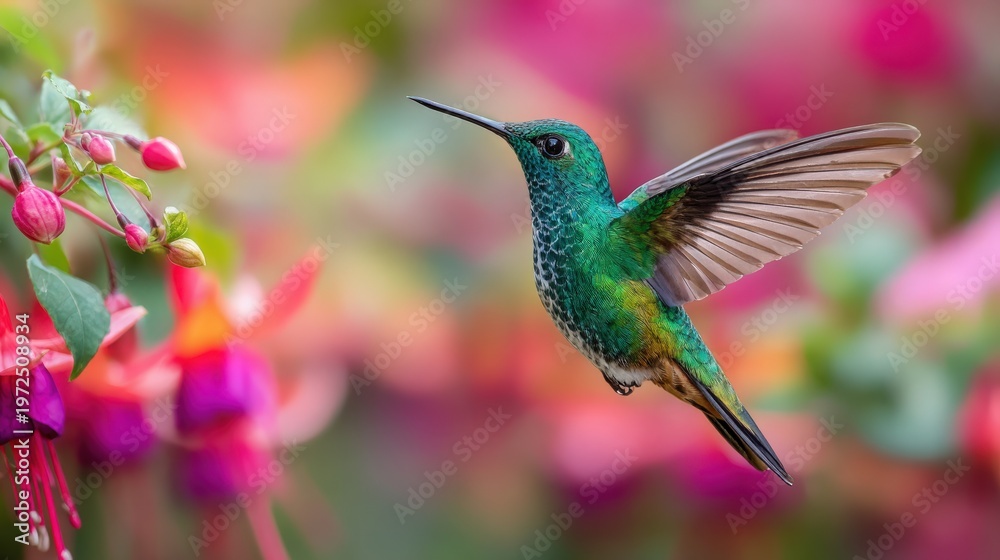 Fototapeta premium Emerald Hummingbird in Flight Amidst Flowers