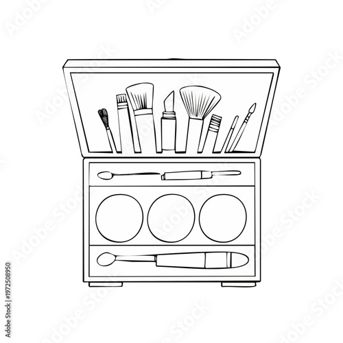 Open makeup palette with brushes lipstick and applicators in a simplified line drawing