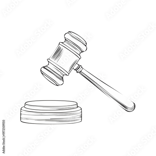 Justice auction gavel poised to strike a sound block in a conceptual sketch
