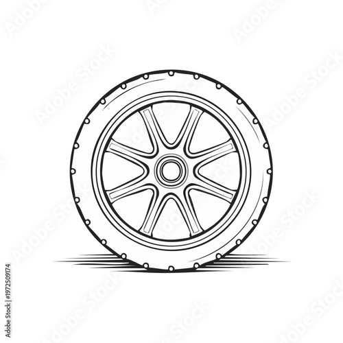 Stylized graphic of a single car wheel with a sporty alloy rim and tire outline