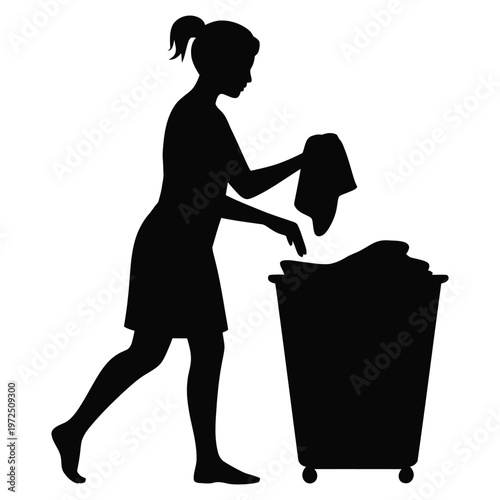 A woman in profile stands near a laundry basket appearing to fold clothes silhouette