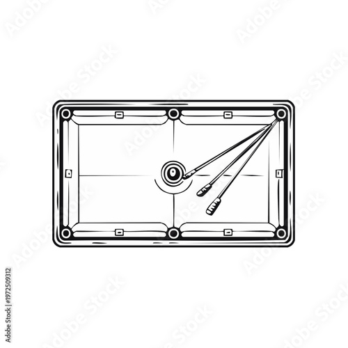 Top view of a pool table with cue sticks and a ball illustration