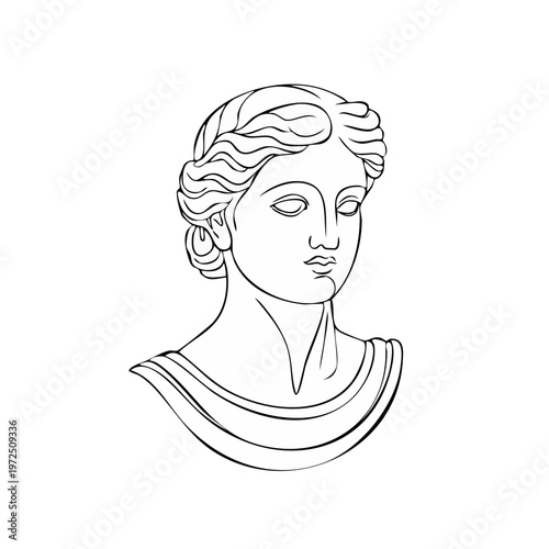 Elegant Grecian bust line art with detailed hair and draped garment